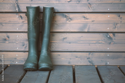 Clean rubber boots on a wooden background. The concept of the garden work. © kseniaso