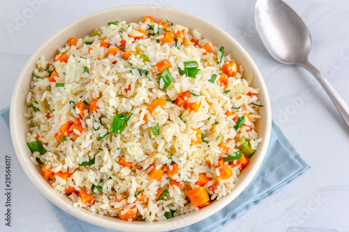 Chinese Vegetable Fried Rice Close Up and Top View Photo.
