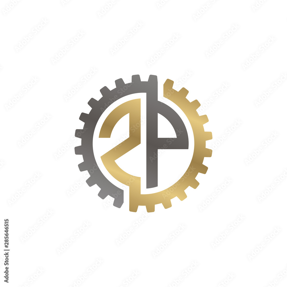 Initial letter Z and P, ZP, interlock cogwheel gear logo, black gold on white background Initial letter Z and P, ZP, interlock cogwheel gear logo, black gold on white background