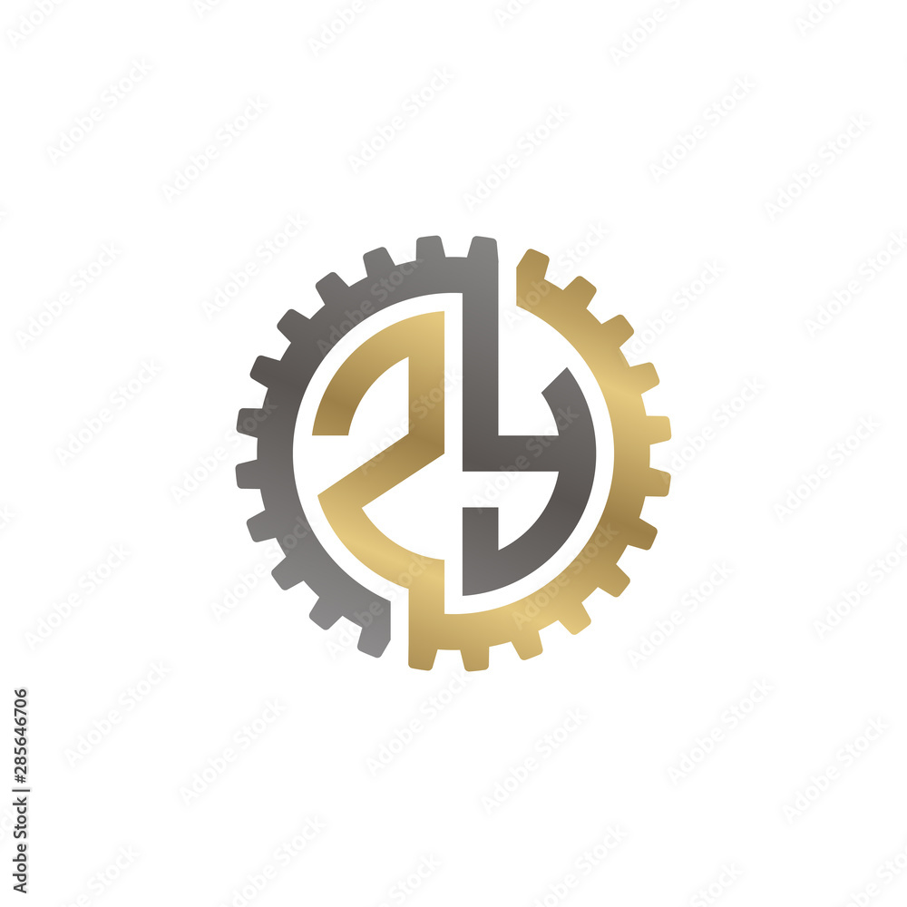 Initial letter Z and Y, ZY, interlock cogwheel gear logo, black gold on white background Initial letter Z and Y, ZY, interlock cogwheel gear logo, black gold on white background