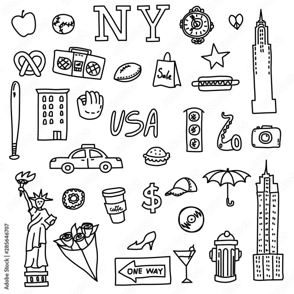 Fototapeta New York doodle line set. Hand drawn elements. American travel symbols. S
