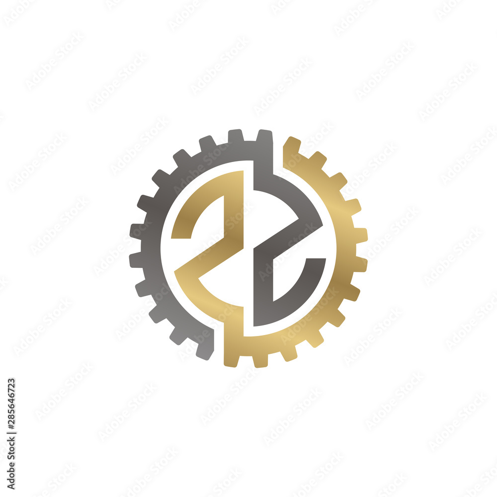 Initial letter Z and Z, ZZ, interlock cogwheel gear logo, black gold on white background Initial letter Z and Z, ZZ, interlock cogwheel gear logo, black gold on white background