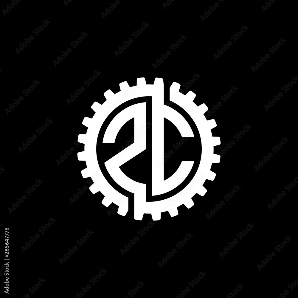 Initial letter Z and C, ZC, interlock cogwheel gear monogram logo, white color on black background Initial letter Z and C, ZC, interlock cogwheel gear monogram logo, white color on black background