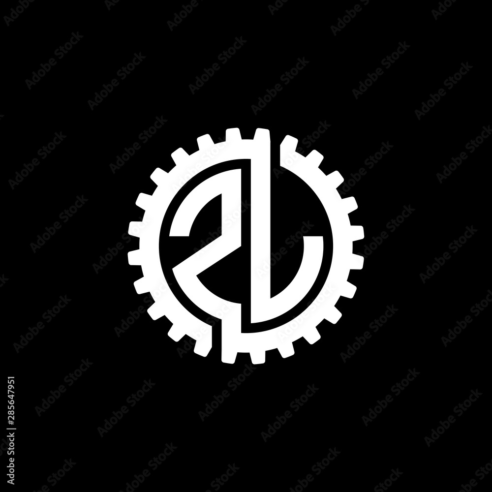 Initial letter Z and L, ZL, interlock cogwheel gear monogram logo, white color on black background Initial letter Z and L, ZL, interlock cogwheel gear monogram logo, white color on black background