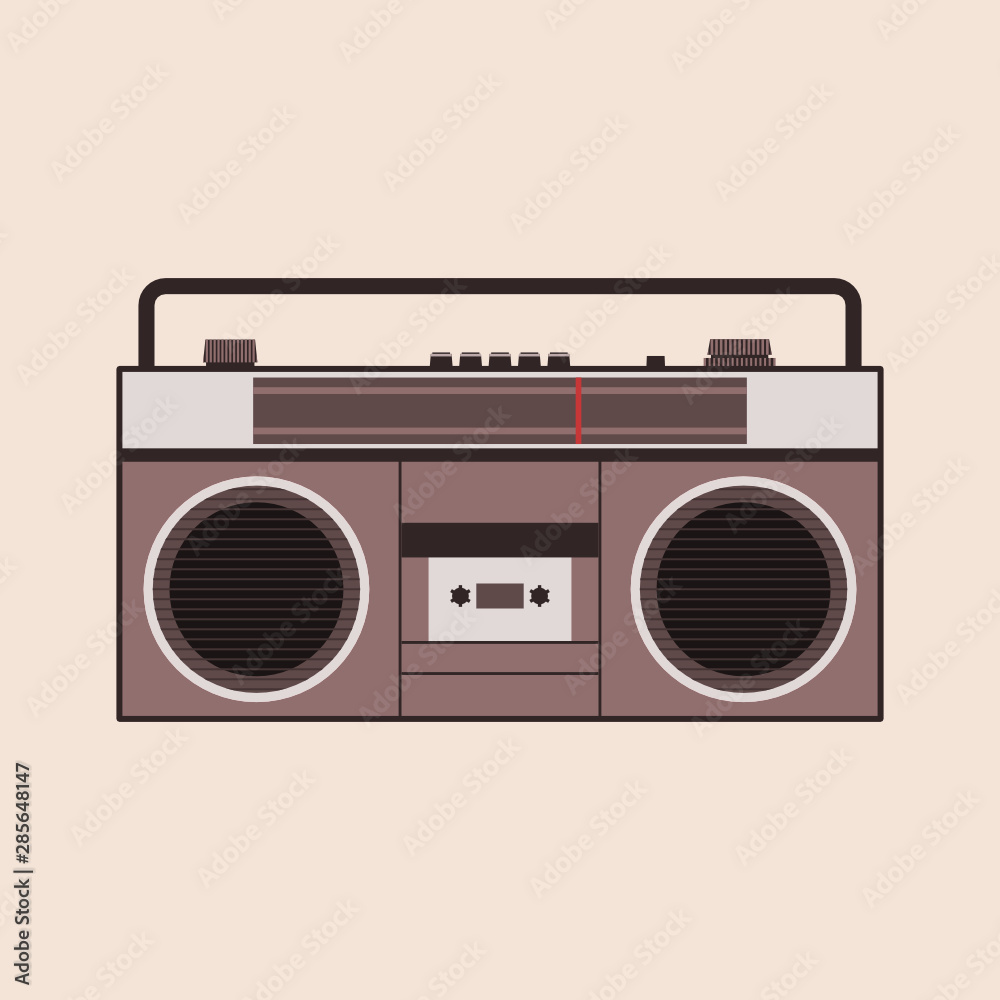 Cassette player on the beige background. Tape recorder. Boombox icon. 80's  revival concept. Audio cassette player. Portable stereo radio. Retro music.  Vector illustration, flat style, clip art. Stock Vector