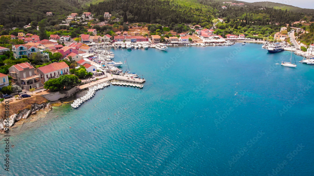 Aerial view of sailboats in the marina in Lefkada, popular tourist resort in a Greece