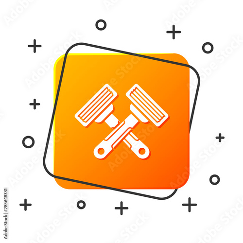 White Crossed shaving razor icon isolated on white background. Orange square button. Vector Illustration