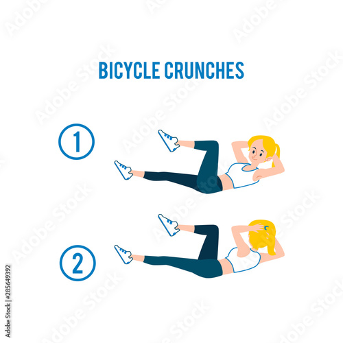 Bicycle crunches of abs workout exercises and fitness training with young blonde caucasian woman.