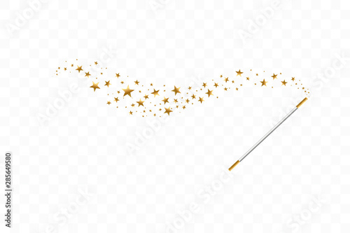 Magic wand with a stars on transparent background. Trace of gold dust. Magic abstract background isolated. Miracle and magic. Vector illustration flat design