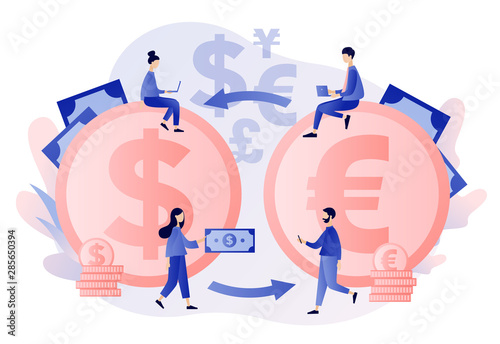 Currency exchange service concept. Flat cartoon style. Vector illustration