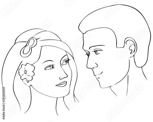 Young lovers man and woman gently look into the eyes. Drawn in black lines on a white background. Vector illustration.