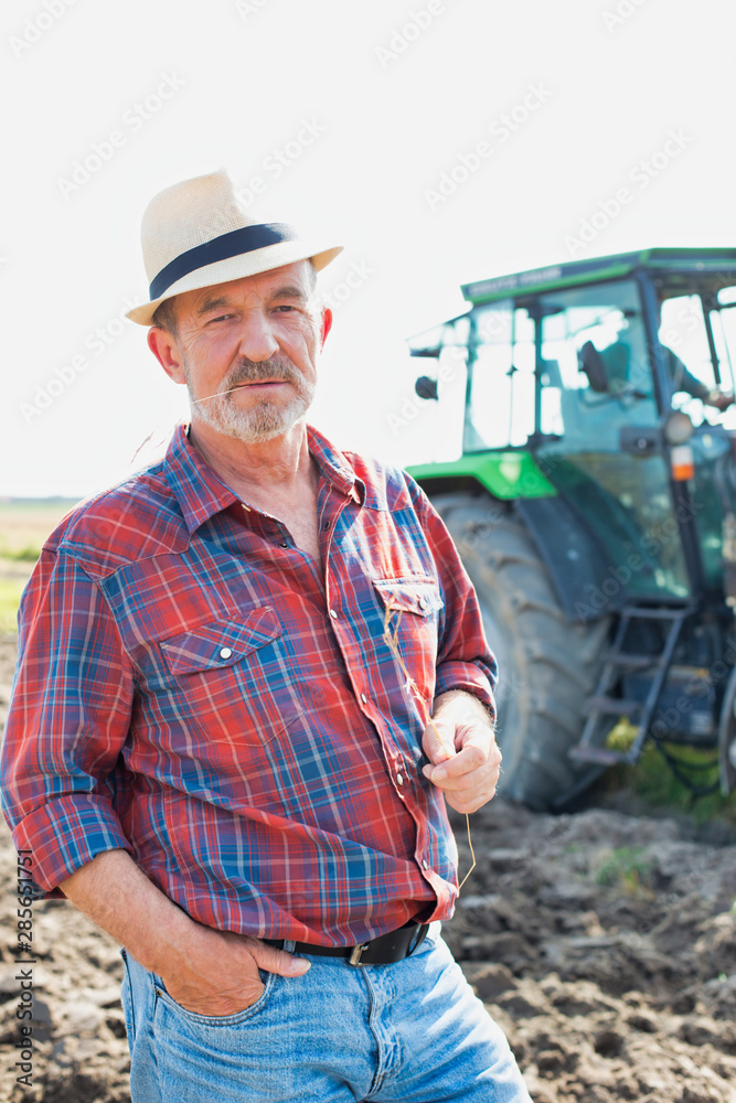 Portrait of senior farmer standing and holding wheat crop against mature farmer driving tractor in field Portrait of senior farmer standing and holding wheat crop against mature farmer driving tractor in field