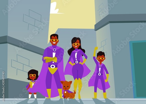 Afro American family of dark skinned superheroes in purple suits and capes.