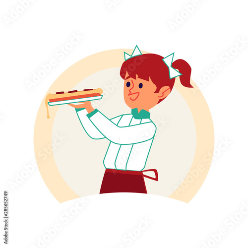 Little caucasian red haired girl with pigtails and bows carries pizza.