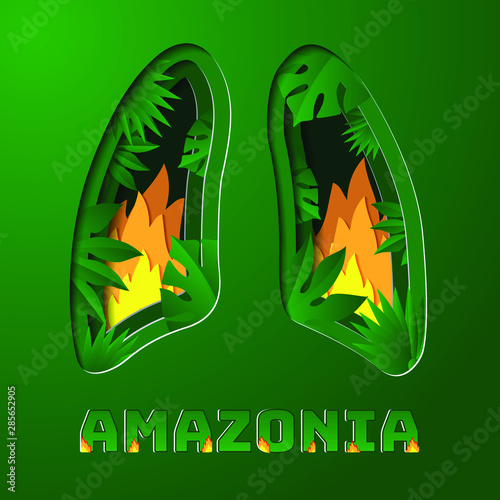 amazonia rainforest in Brazil is burning . the lung of the world . environment and ecology . paper style vector illustration .  
