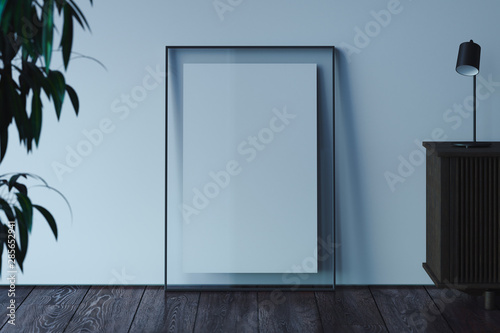 Blank transparent photo frame with blank poster on wooden floor next to light walls  3d rendering.