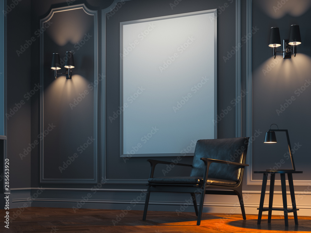 Blank white poster in modern stylish room on bright wall near black armchair. 3d rendering - obrazy, fototapety, plakaty 