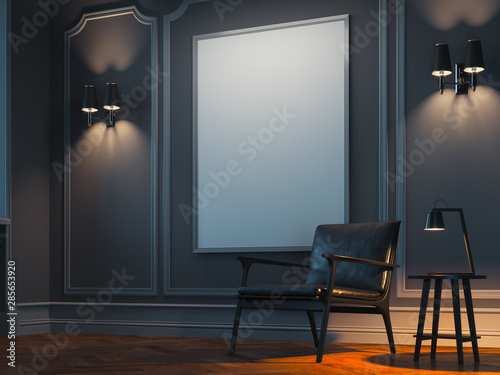 Fototapeta Naklejka Na Ścianę i Meble -  Blank white poster in modern stylish room on bright wall near black armchair. 3d rendering