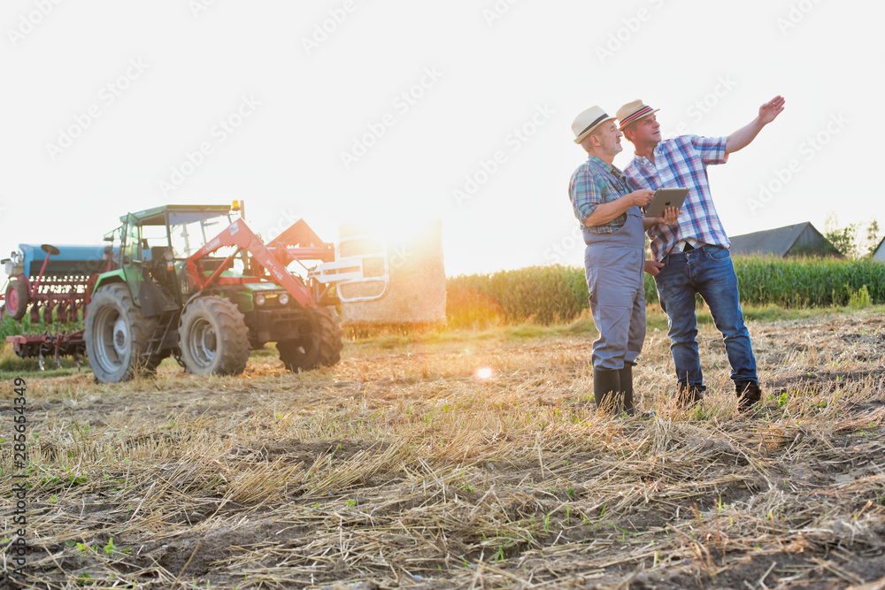 Senior farmer showing digital tablet to coworker in field with yellow lens flare in background - obrazy, fototapety, plakaty 
