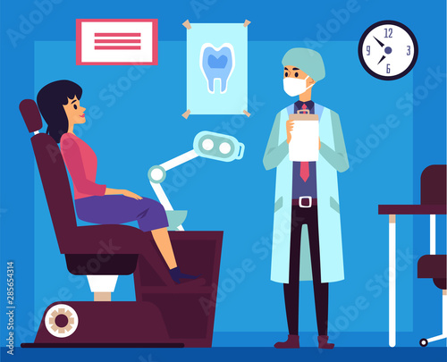 Medical dentist specialist working in diagnostic cabinet flat vector illustration.