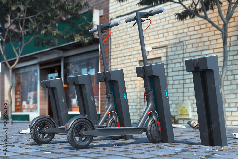 Electric scooter with electric chargeron cityscape. eco alternative transport concept. 3d rendering.