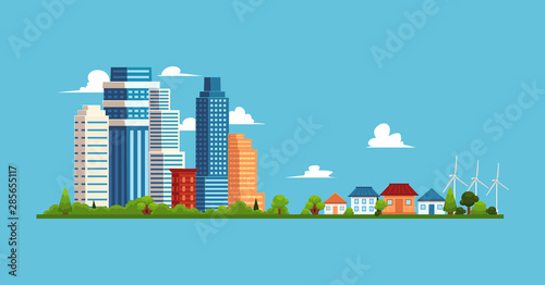 Cityscape with buildings and skyscrapers, small private suburban houses.