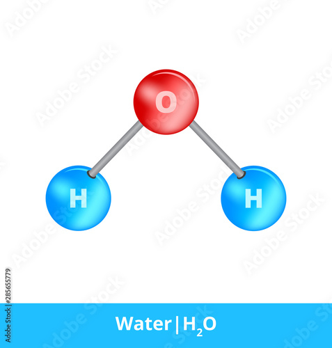 Vector ball-and-stick model model of chemical substance. Icon of water molecule H2O consisting of oxygen and hydrogen. Structural formula suitable for education isolated on a white background.