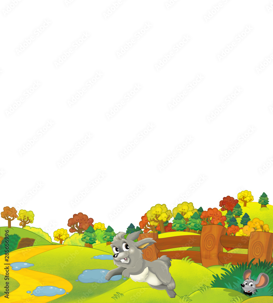 Naklejka premium Cartoon nature farm rural sunny scene for different usage and some animal with white background - illustration for children