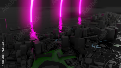 Futuristic night city. Cyberpunk style 3D illustration