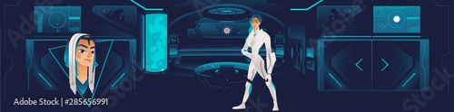 The interior of the spaceship with a futuristic girl or a woman from the crew.
