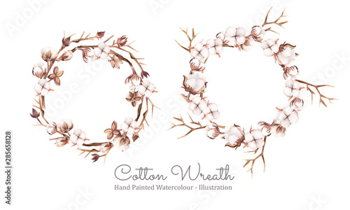 Cotton wreath. Arrangement of cotton bolls and Twigs. Hand painted watercolour. Vector illustration