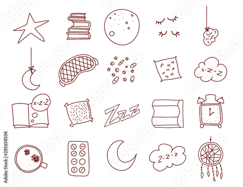 Sleep and insomnia outline items including moon, stars, sheep, pillow, tea or coffee, pills, dream catcher, mask, alarm clock, nightcap isolated on white background. Vector.