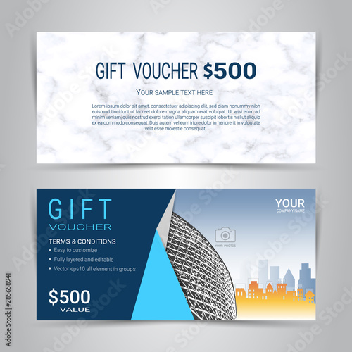 Gift certificates and vouchers, discount coupon or banner web template with marble texture imitation background, clean and modern pattern design for make an image of the product your company offers.