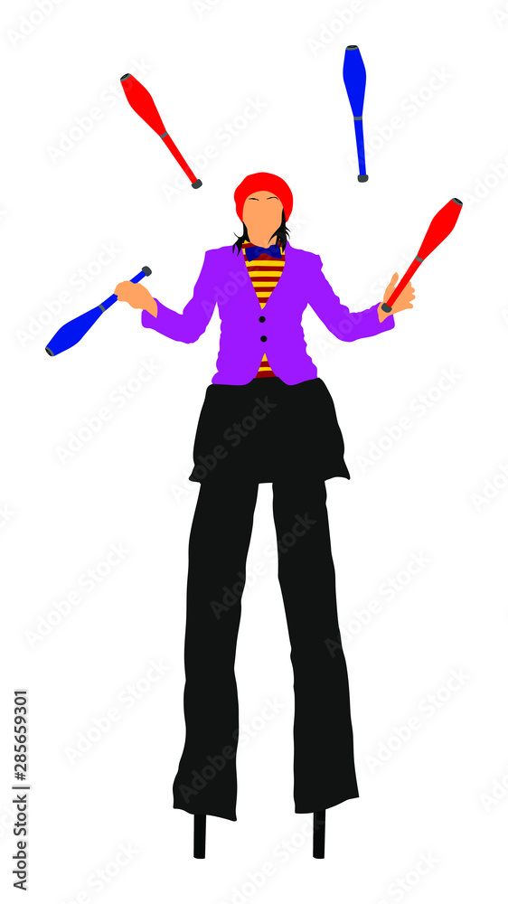 Circus clown on stilts. Woman juggler artist juggling with pins vector ...