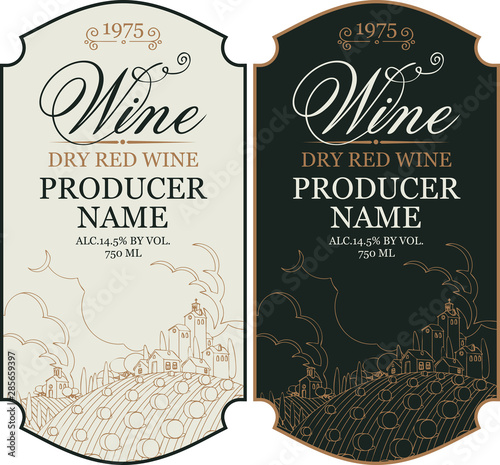 Set of two vector wine labels with calligraphic inscription and contour drawing of rural landscape in figured frame in retro style