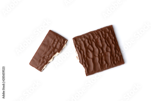 Chocolate bar with coconut filling isolated on white background.