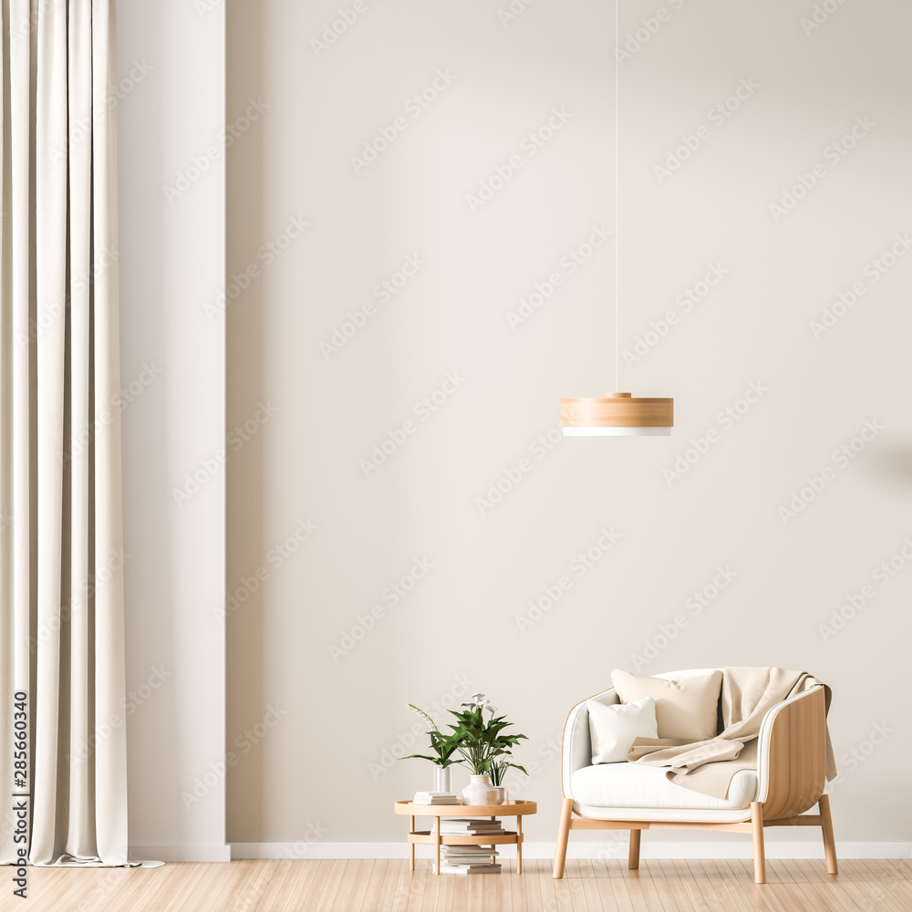 Empty wall mock up in Scandinavian style interior with wooden armchair. Minimalist interior design. 3D illustration. - obrazy, fototapety, plakaty 