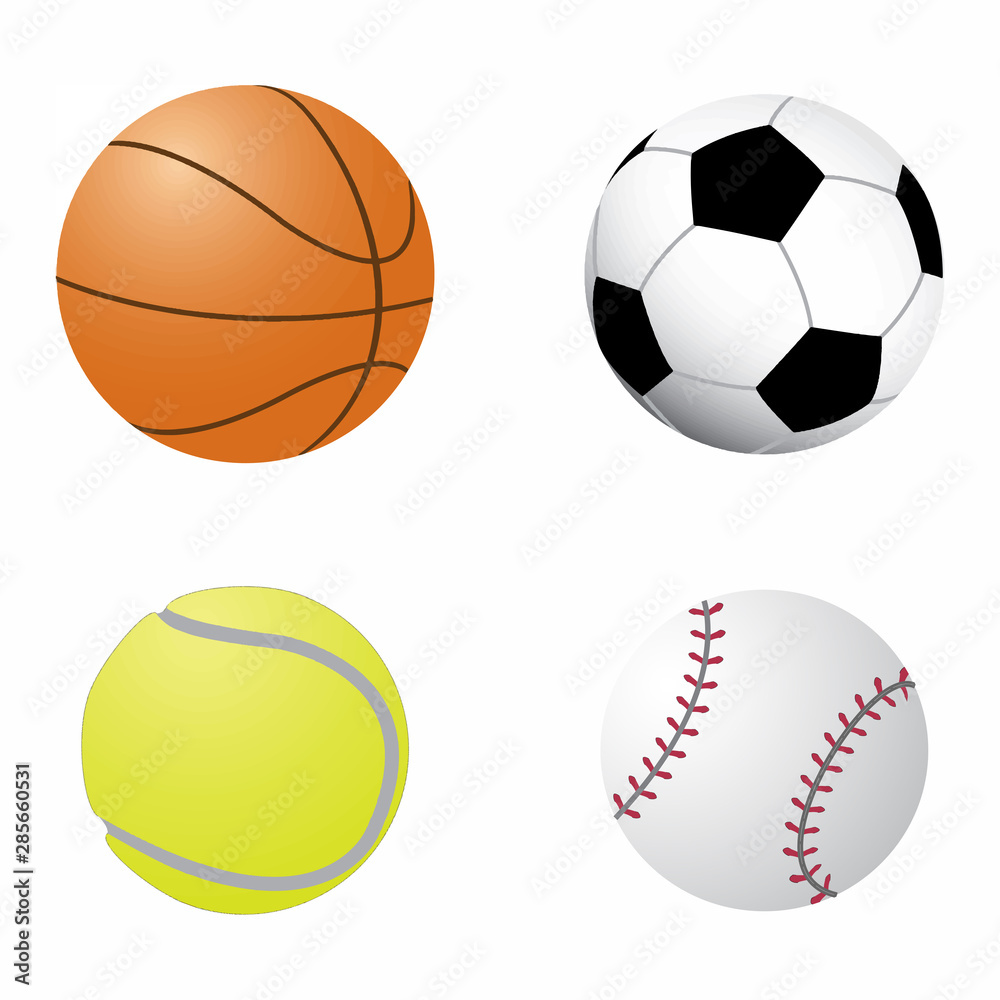 Ball collection. Sports equipment game balls football, basketball, tennis and baseball Ball collection. Sports equipment game balls football, basketball, tennis and baseball