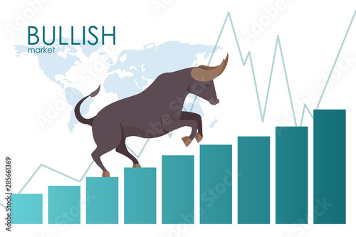 The bull goes up the stairs. Stock market and business concept. Vector.