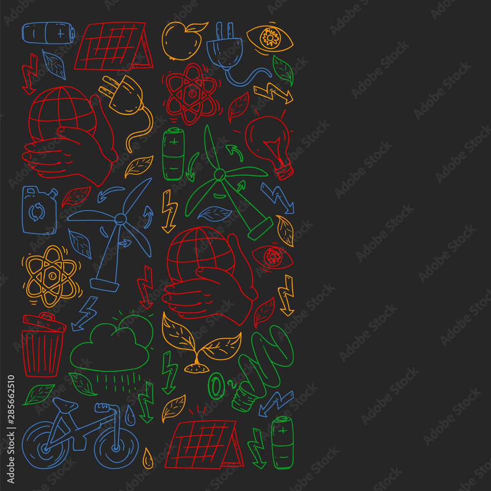 Vector logo, design and badge in trendy drawing style - zero waste concept, recycle and reuse, reduce - ecological lifestyle and sustainable developments icons, colorful on black background. Vector logo, design and badge in trendy drawing style - zero waste concept, recycle and reuse, reduce - ecological lifestyle and sustainable developments icons, colorful on black background.