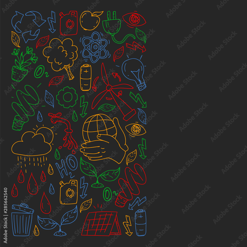 Vector logo, design and badge in trendy drawing style - zero waste concept, recycle and reuse, reduce - ecological lifestyle and sustainable developments icons, colorful on black background. Vector logo, design and badge in trendy drawing style - zero waste concept, recycle and reuse, reduce - ecological lifestyle and sustainable developments icons, colorful on black background.