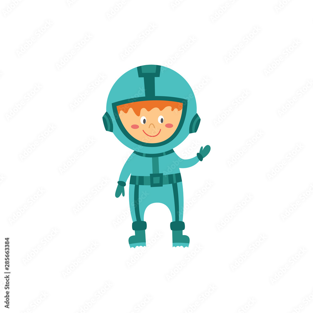 Cute child astronaut or cosmonaut cartoon character flat vector illustration.