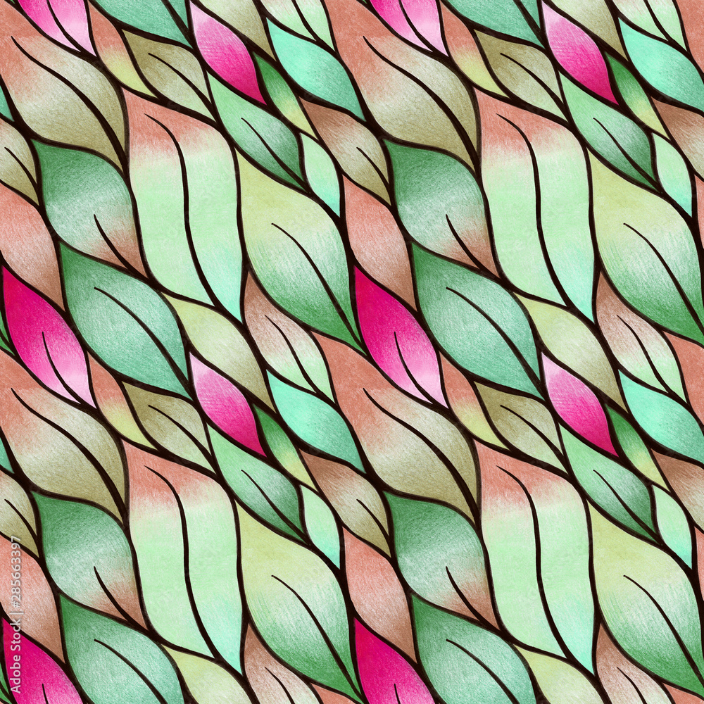 Decorative seamless pattern of stylized leaves. Handmade color pencil.