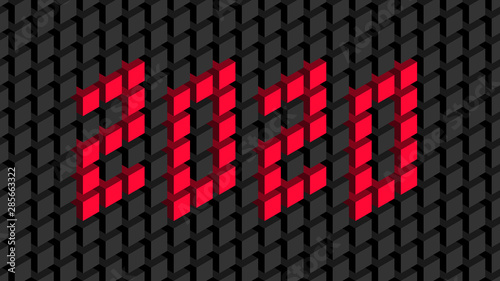 Happy New Year 2020. Font in chilli pepper color. Logo in isometric style. Minimalistic wide template for screensavers, covers, brochures, cards, banners.