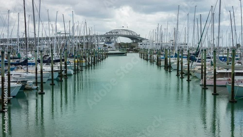 4K Time Lapse of Auckland Harbour Bridge Reflecting on Westhaven Marina in Auckland, New Zealand. Auckland Skyline and Auckland Cityscape photo