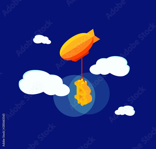 Zeppelin carries bitcoin symbol. Isometric illustration.