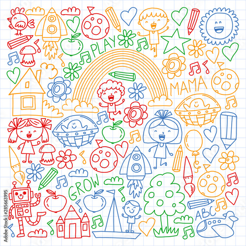 Time to adventure. Imagination creativity small children play nursery kindergarten preschool school kids drawing doodle icons pattern  play  study  learn with happy boys and girls Let s explore space