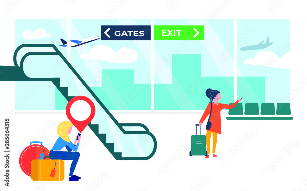 Travelers at the airport. Waiting for the plane. Flat vector illustration.