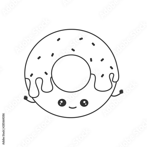 cute cartoon black and white vector illustration with donut character for coloring art