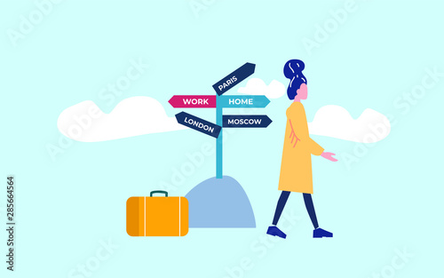 Woman going home after hard work and stressed job. Flat vector illustration.